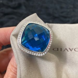 David Yurman Sterling Silver Albion 20mm Blue Topaz & Diamond Ring . Size 7